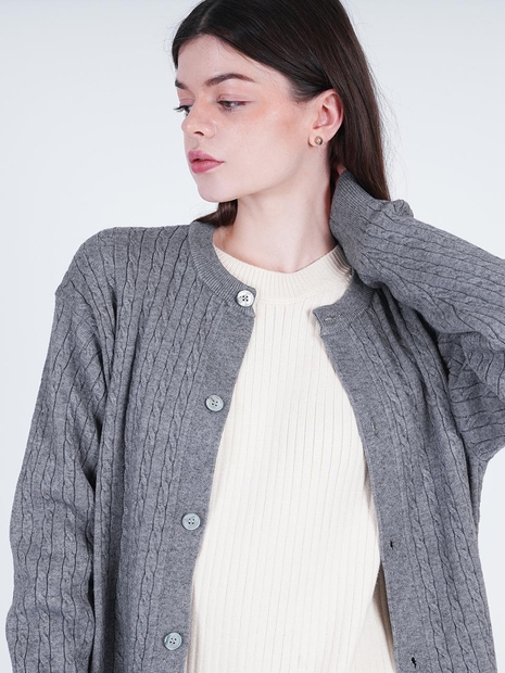 Silket Cable Round-neck Cardigan (Chacoal)