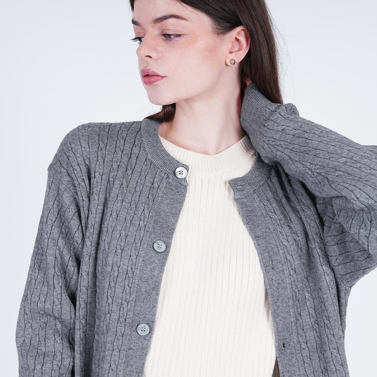 Silket Cable Round-neck Cardigan (Chacoal)