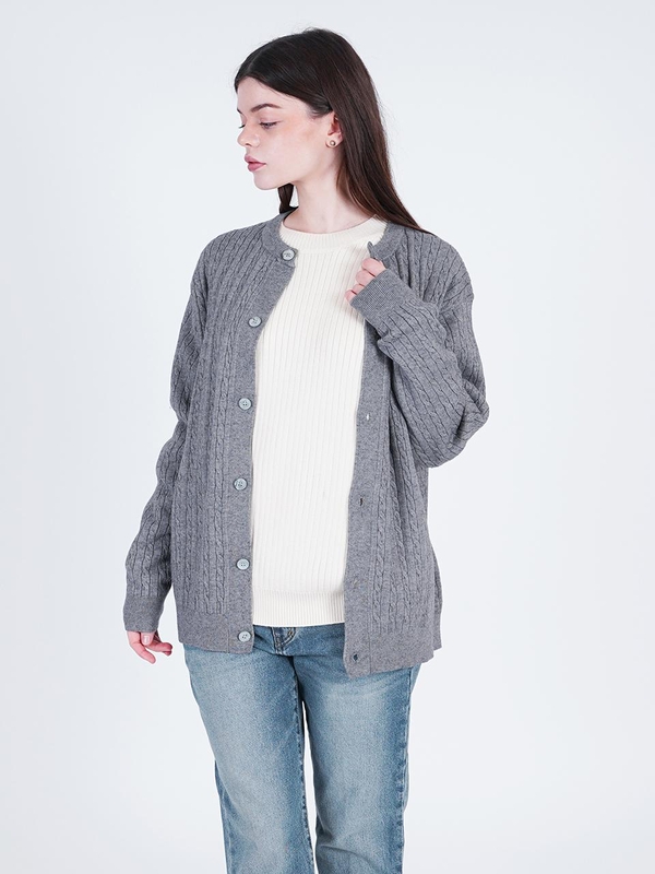 Silket Cable Round-neck Cardigan (Chacoal)