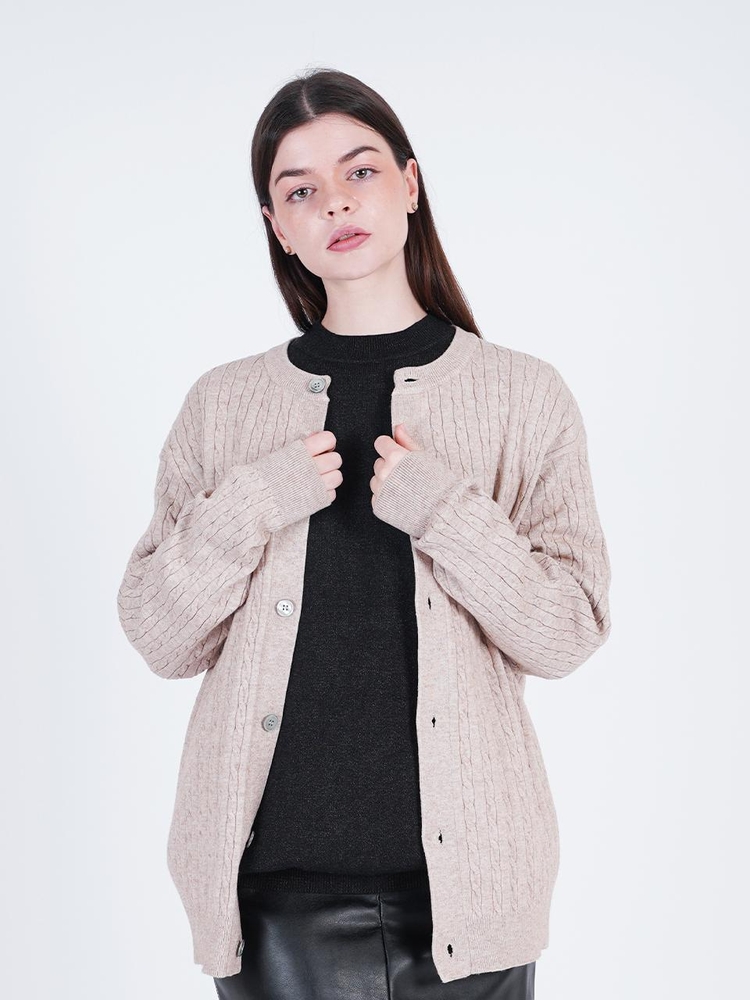 Silket Cable Round-neck Cardigan (Beige)