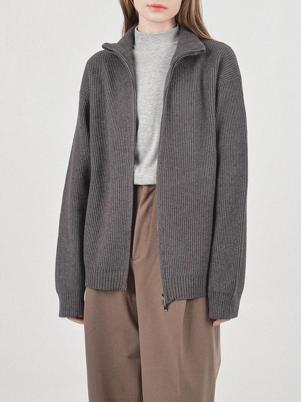 Modal Knit Zip-up Cardigan (Charcoal)