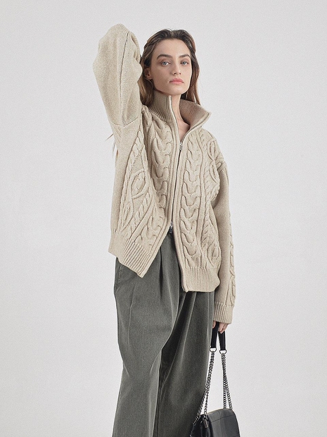 Heavy Cable High-Neck Knit Zip-up (Oatmeal)