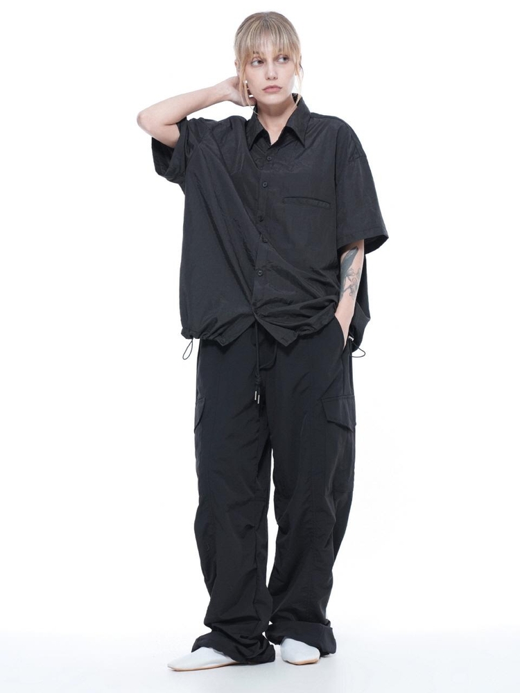 Nylon Parachute Cargo Pants - Black