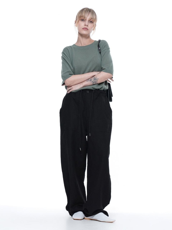 Linen Slit String Wide Pants - Black