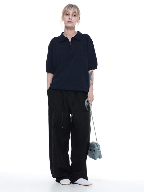 Linen Slit String Wide Pants - Black