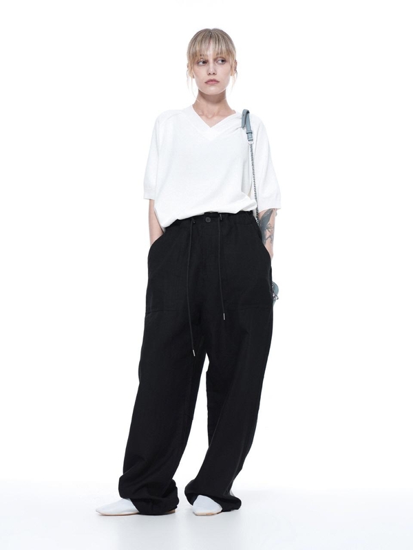 Linen Slit String Wide Pants - Black