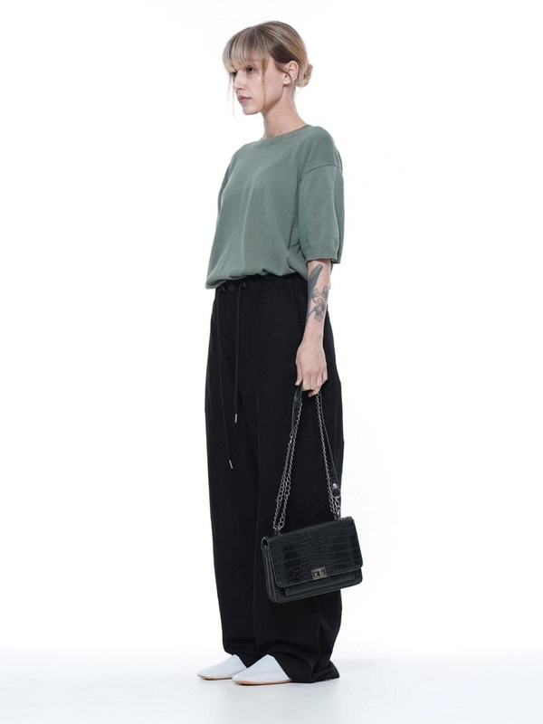 Linen Slit String Wide Pants - Black