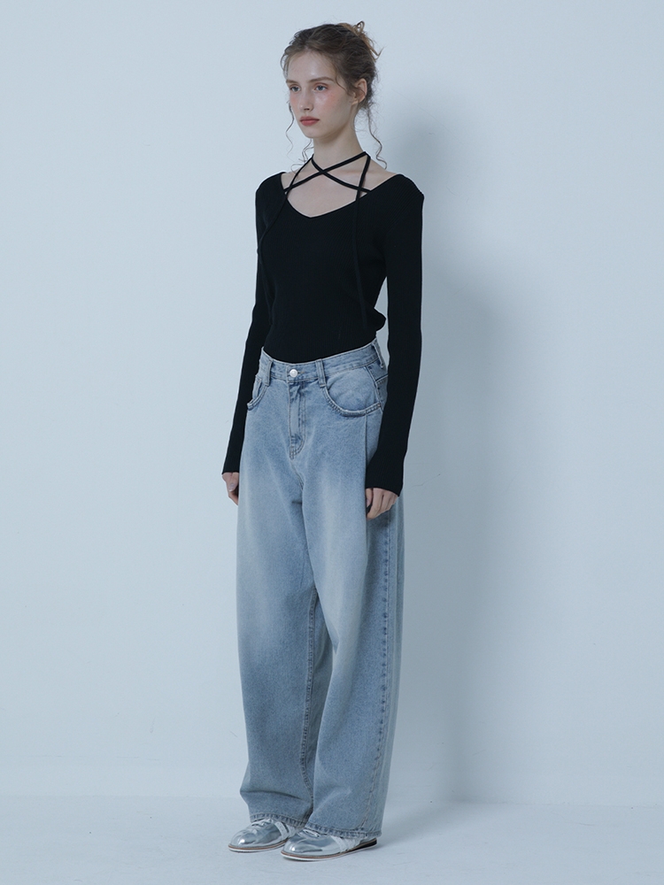 LKET FRONT 1 TUCK WIDE DENIM PANTS BLUE