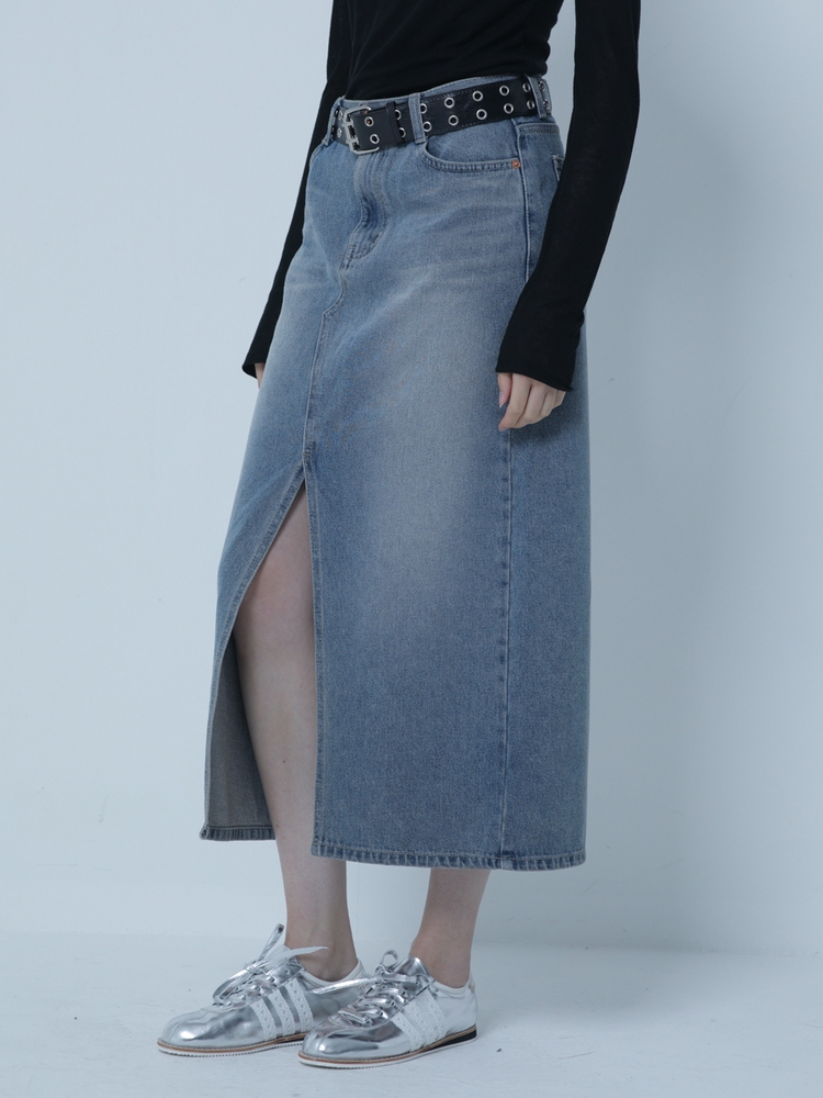 ［24FW］FRONT SLIT DENIM LONG SKRIT BLUE