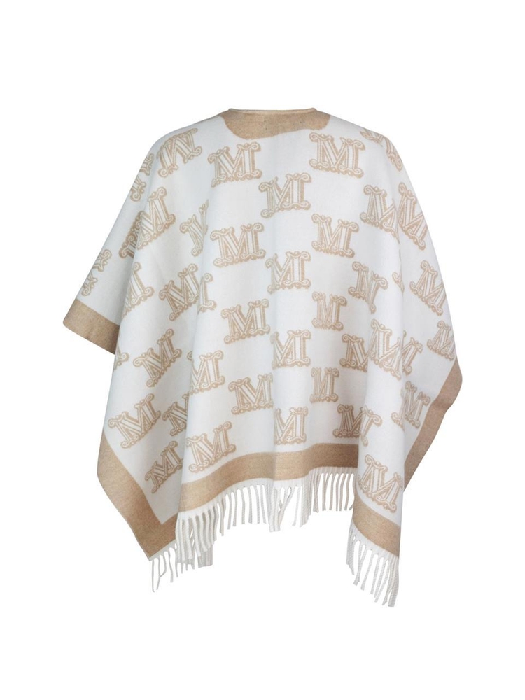 막스마라 스튜디오 FW24 Jacquard Logo Fringe Wool Poncho Cape with Pin 2426736011600-FRINESTD005 Toni Neutri