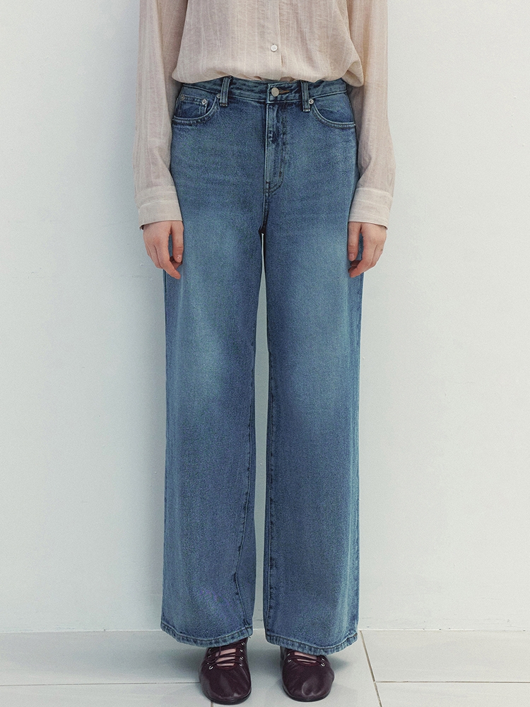 Washed Blue Wide Denim Pants (Blue)