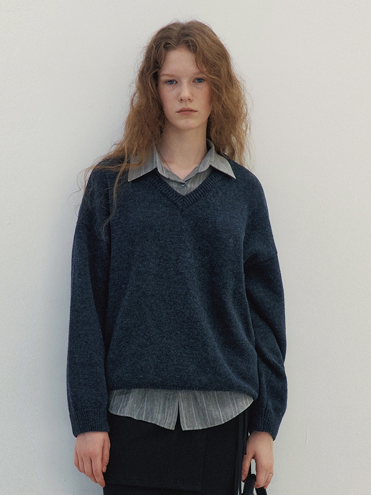 Drop Wool V-neck Pullover (Navy)