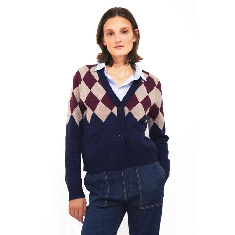 KULE 큘 THE BAXTER CARDIGAN - NAVY/WHEAT/MERLOT