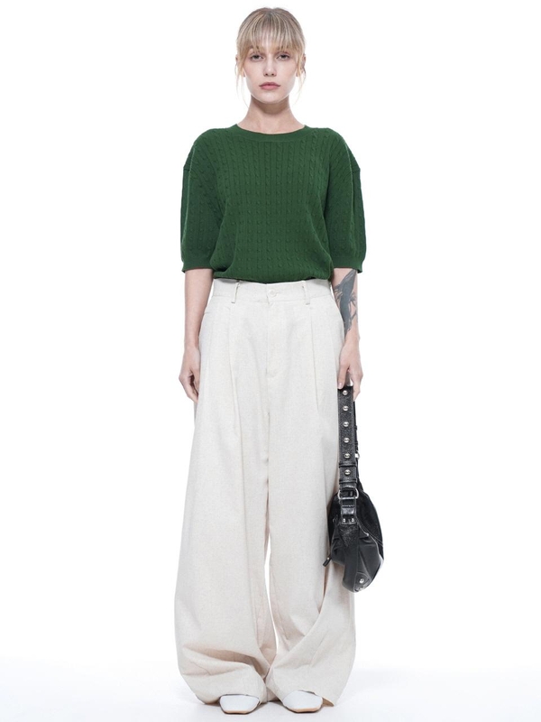 Linen Two-tuck Wide Pants - Oatmeal