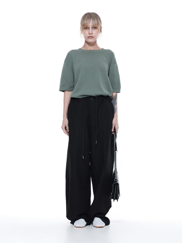 Linen Slit String Wide Pants - Black