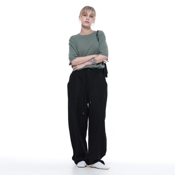 Linen Slit String Wide Pants - Black