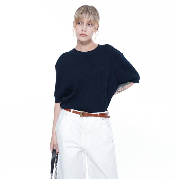 Linen Cable Round Half Knit - Navy