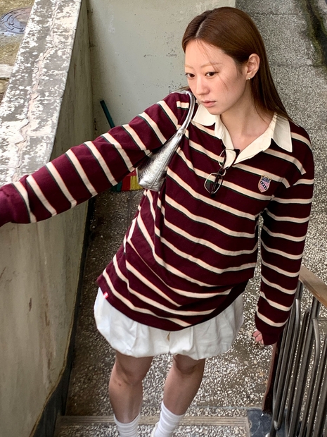 Menasoo Stripe Rugby T Shirt_Burgundy