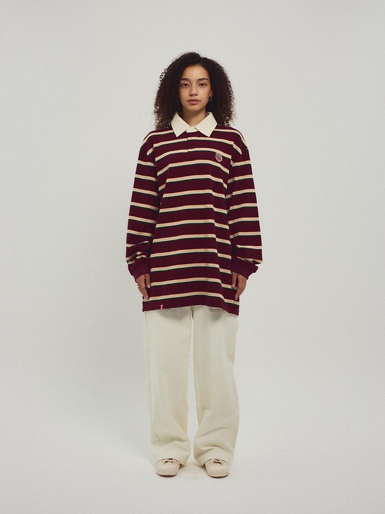 Menasoo Stripe Rugby T Shirt_Burgundy