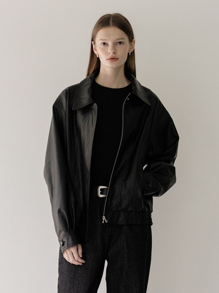 Overfit leather blouson jumper -  black