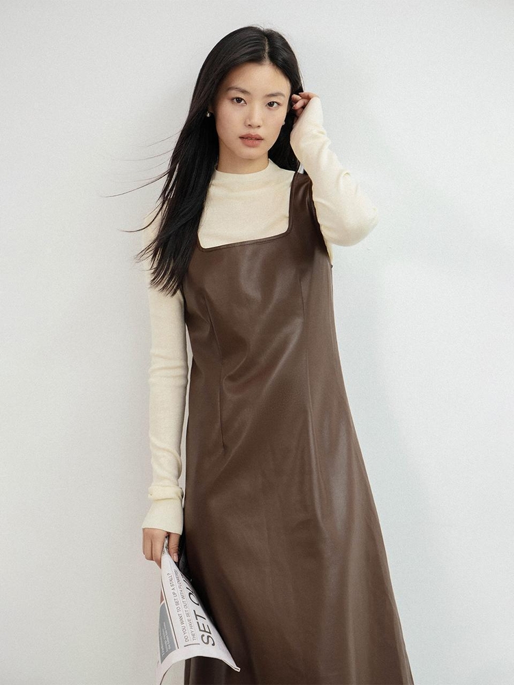 LS_Casual sleeveless leather dress