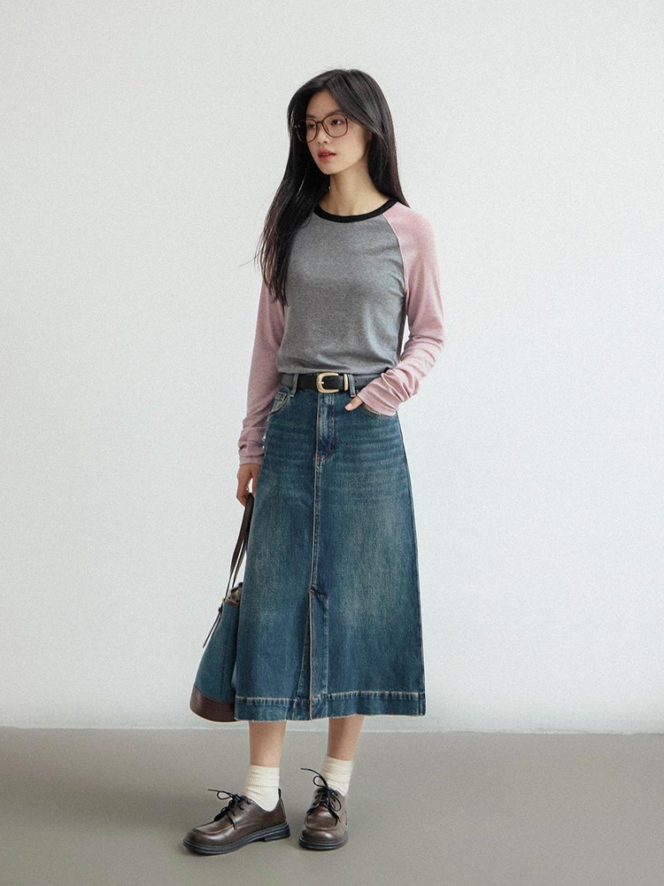 LS_A-line blue denim slit skirt