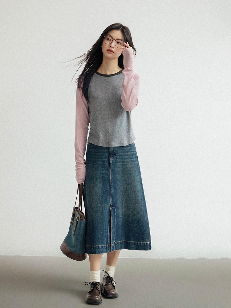 LS_A-line blue denim slit skirt