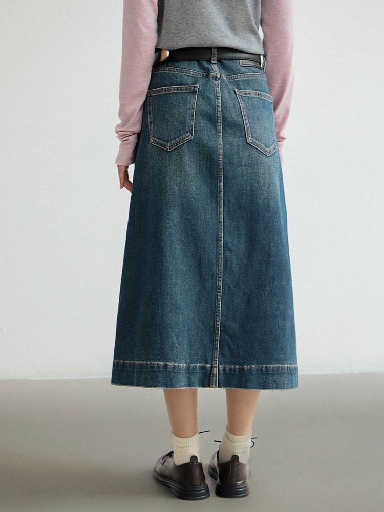 LS_A-line blue denim slit skirt