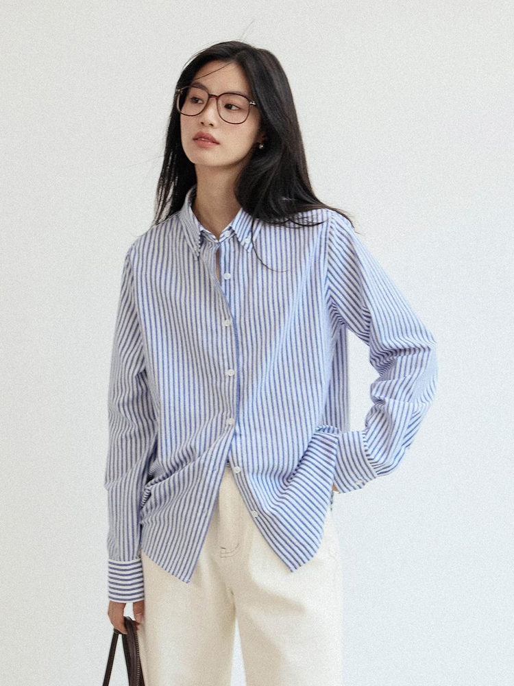 LS_Blue-white striped loose shirt