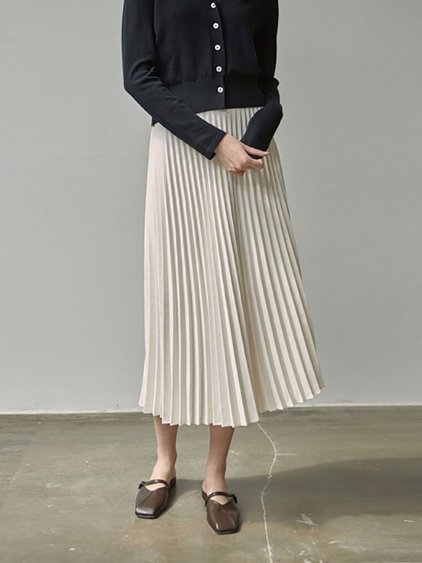 SATIN PLEATS LONG SKIRT_CREAM