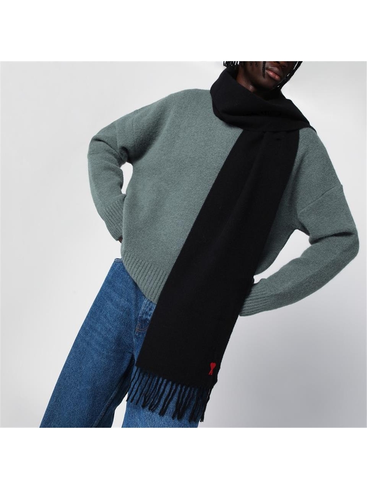 아미 FW24 Ami Paris Black Ami De Coeur wool scarf BFUSF405334 Black