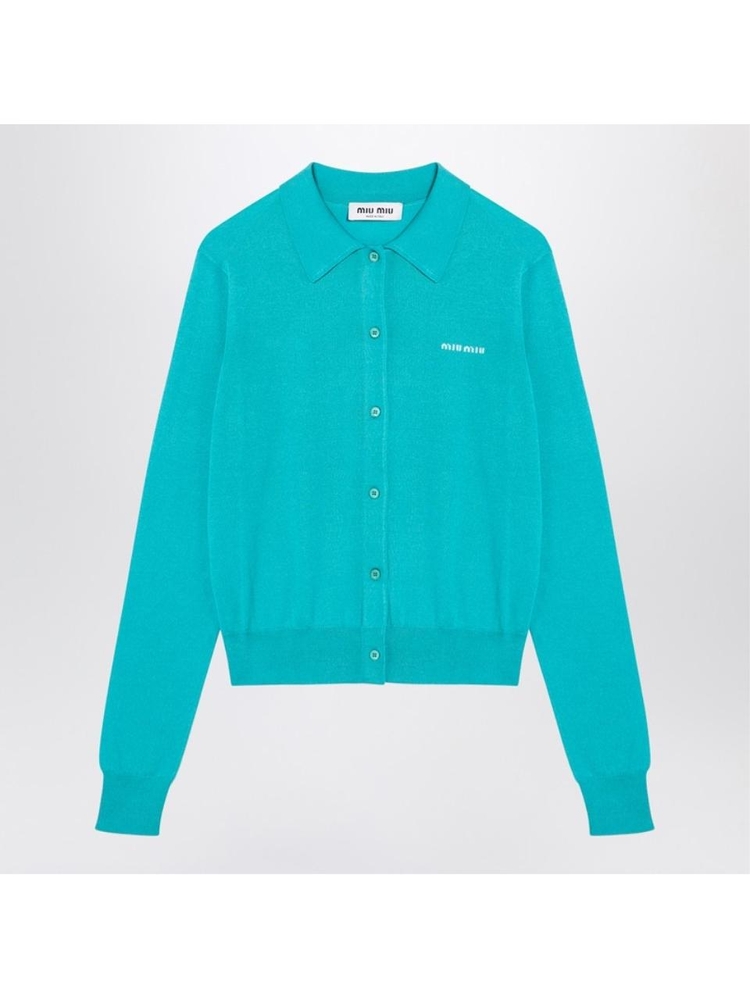 미우미우 FW24 Miu Miu Turquoise cashmere and silk cardigan MMF919OOO15RN Light blue