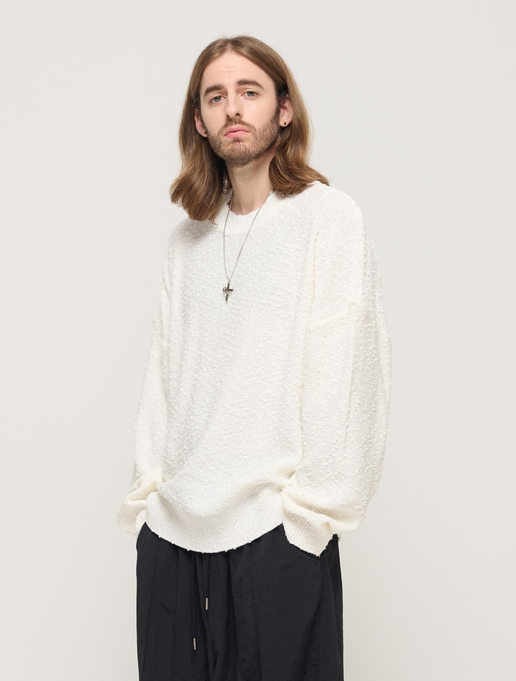 DROP BLOCK KNIT SEMI-OVERSIZED SWEATER (WHITE)