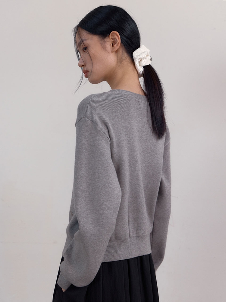 Crew Neck Cardigan (Melange Grey)