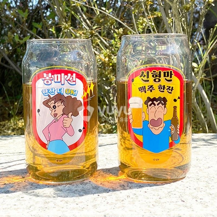 짱구 신형만 봉미선 330ml 2p 맥주 하이볼 유리컵 세트 물컵 주스 드링크 잔 아이스 커피