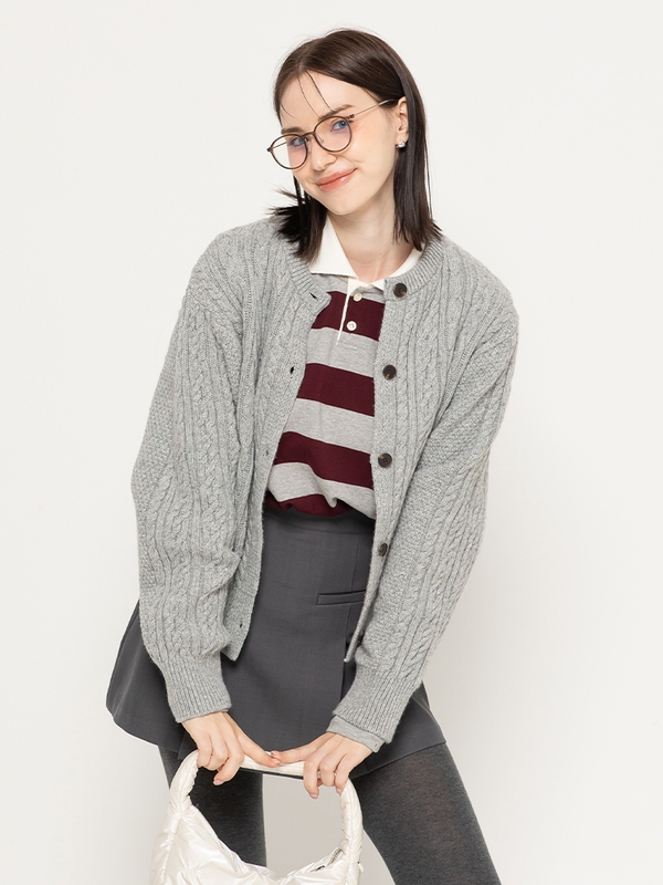 EXTRAFINEWOOL CABLE KNIT CARDIGAN GREY