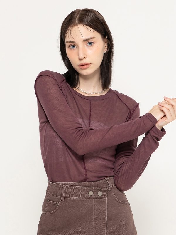 WOOL TENCEL SEE THROUGH T-SHIRT BURGANDY