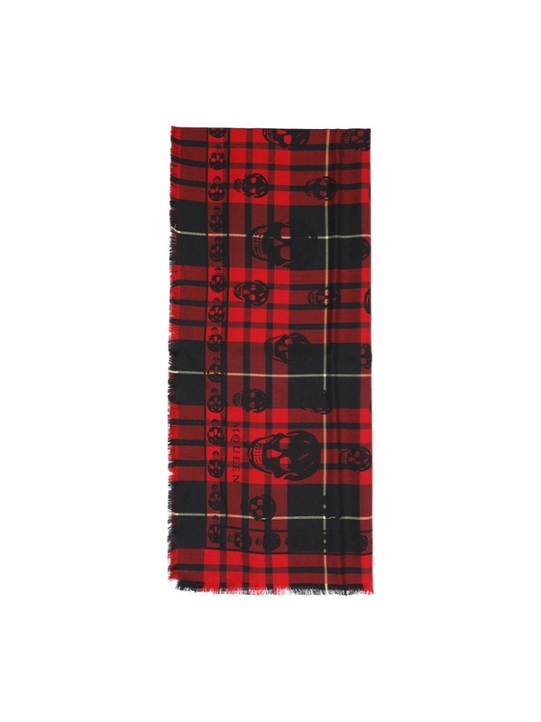 알렉산더 맥퀸 FW24 Alexander McQueen Kull On Tartan Foulard Scarf 429412.4200Q Red