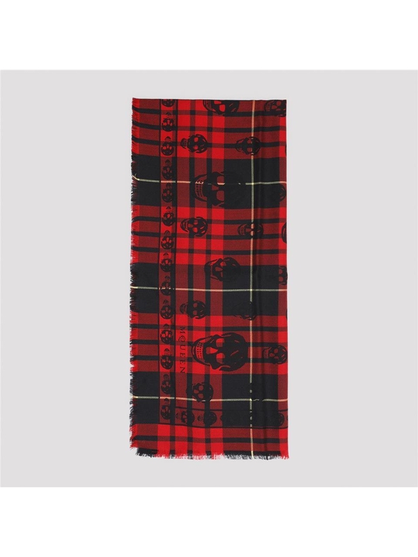 알렉산더 맥퀸 FW24 Alexander McQueen Kull On Tartan Foulard Scarf 429412.4200Q Red