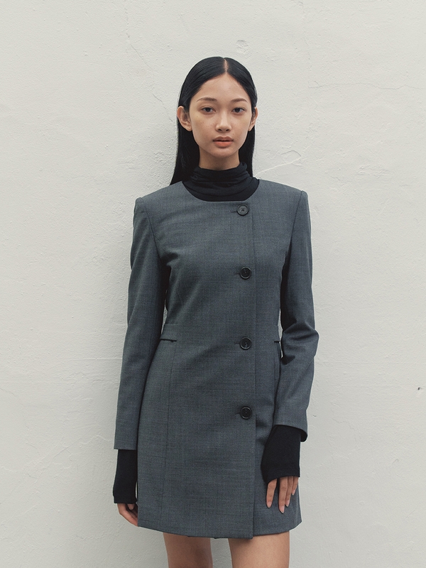 CUT-OUT ROUND NECK JACKET DRESS DARK GRAY MBDFOP001DG