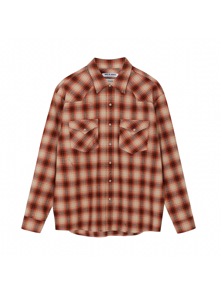 [PRODE x MIJ] Damaged Western Check Shirt (Orange)