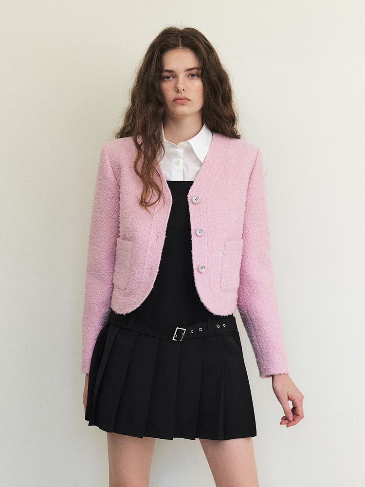 Curved Boucle Tweed Jacket, Pink