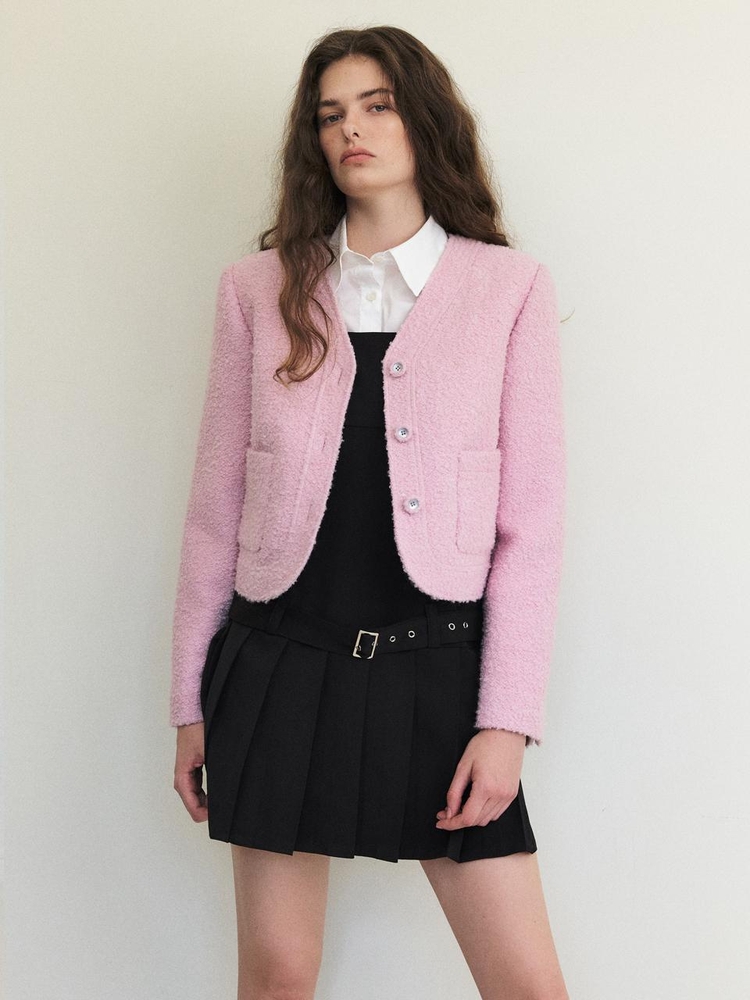 Curved Boucle Tweed Jacket, Pink