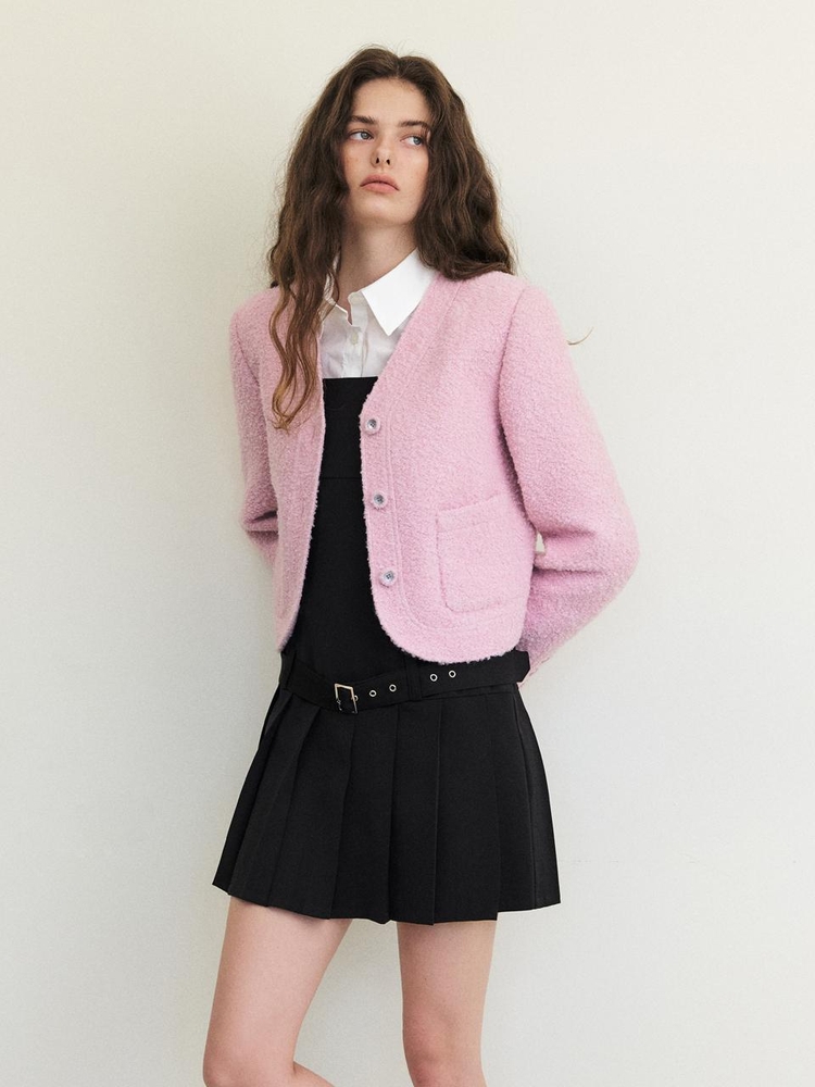 Curved Boucle Tweed Jacket, Pink