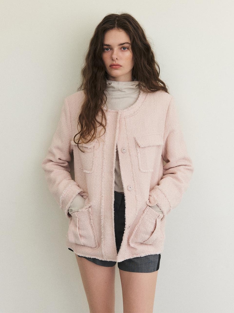 Cut-Off Pocket Tweed Jacket, Light Pink