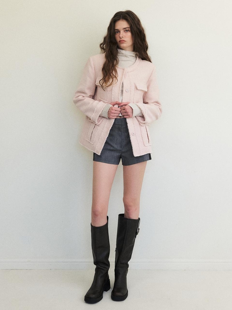 Cut-Off Pocket Tweed Jacket, Light Pink