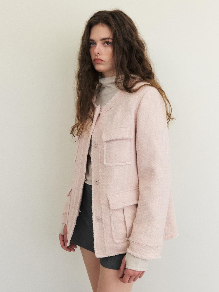 Cut-Off Pocket Tweed Jacket, Light Pink