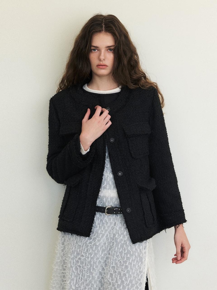 Cut-Off Pocket Tweed Jacket, Black