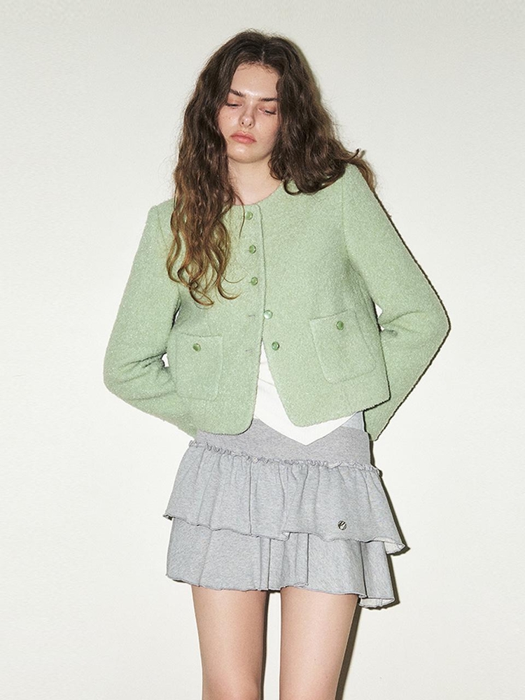 Button Pointed Tweed Jacket, Light Green