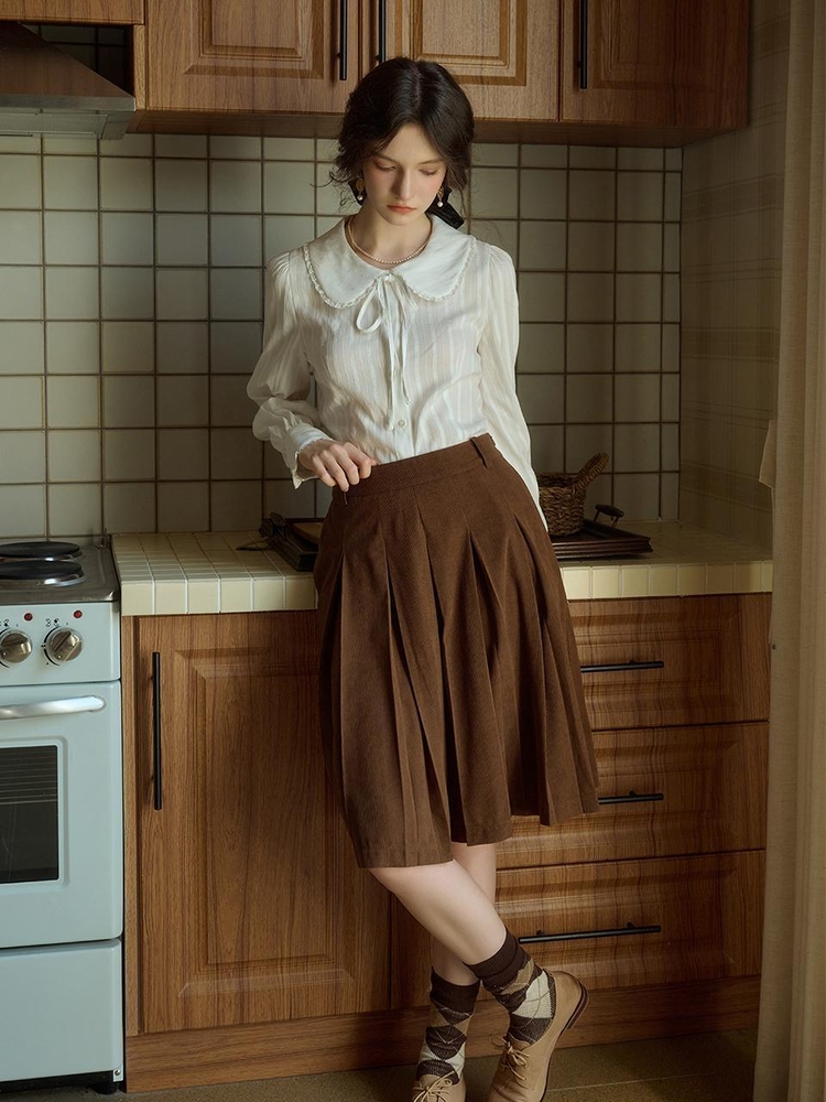 SR_Corduroy pleated skirt_BROWN